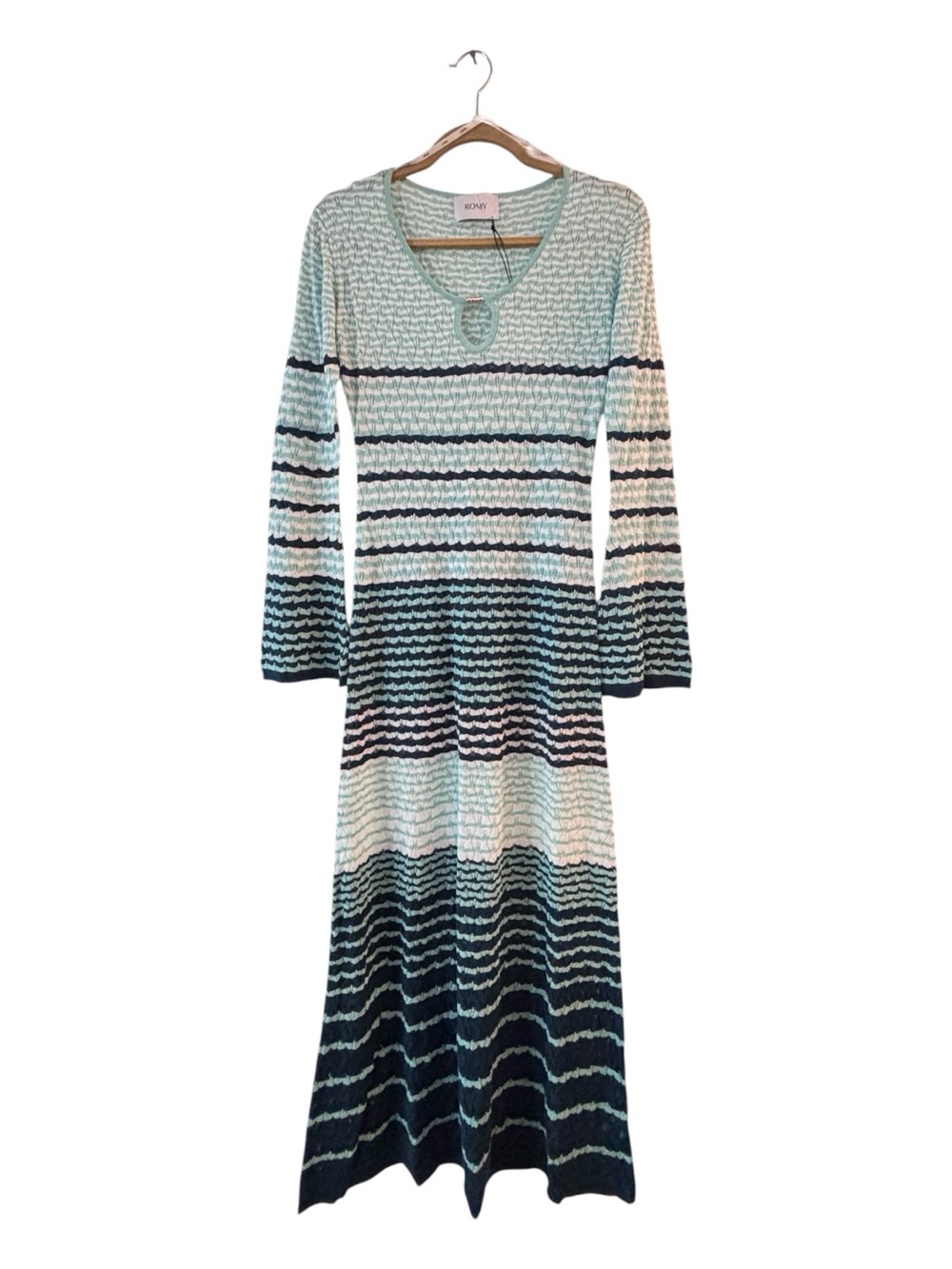Romy Havana Dress Pointelle Tencel Knit Maxi Dress Green Stripe Size Medium NWT